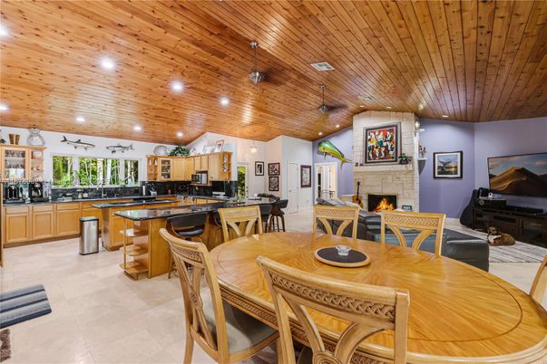 Dining room, Fireplace, Interior, Kitchen, Pendant Lights, Recessed Lighting, Wooden Ceilings