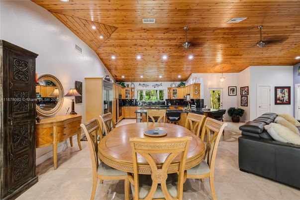 Dining room, Interior, Kitchen, Pendant Lights, Recessed Lighting, Wooden Ceilings
