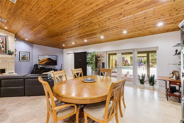 Dining room, Fireplace, Interior, Living room, Recessed Lighting, Wooden Ceilings