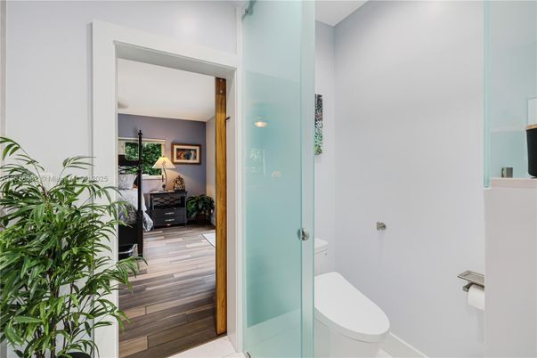 Bathroom, Glass Shower, Interior, Wood Texture Flooring