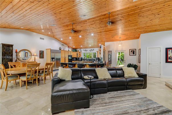 Dining room, Interior, Kitchen, Living room, Pendant Lights, Recessed Lighting, Wooden Ceilings