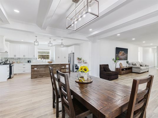 Dining room, Interior, Kitchen, Pendant Lights, Recessed Lighting, Wood Texture Flooring