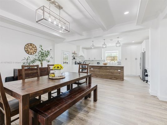 Dining room, Interior, Kitchen, Pendant Lights, Recessed Lighting, Wood Texture Flooring