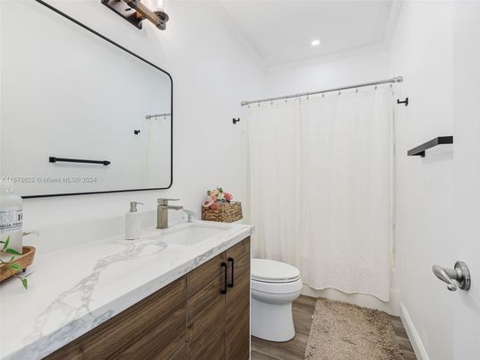 Bathroom, Interior, Recessed Lighting, Wood Texture Flooring