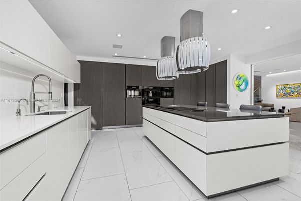Interior, Kitchen, Marble, Pendant Lights, Recessed Lighting, Stainless Steel Appliances