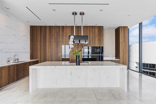 Interior, Kitchen, Marble, Marble Walls, Pendant Lights, Recessed Lighting, Stainless Steel Appliances