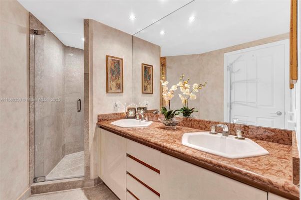 Bathroom, Dual Sink Vanities, Glass Shower, Interior, Recessed Lighting
