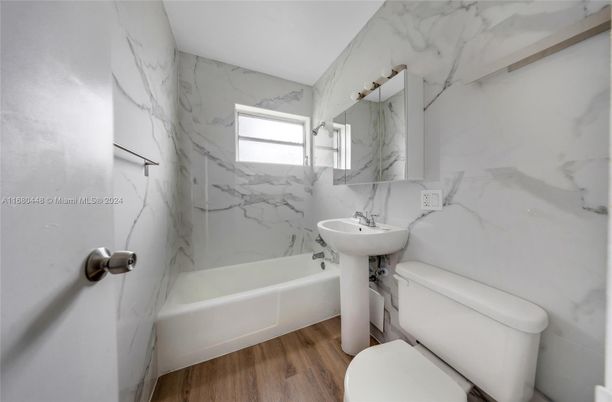 Bathroom, Interior, Marble Walls, Wood Texture Flooring