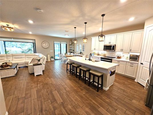Interior, Kitchen, Living room, Pendant Lights, Recessed Lighting, Wood Texture Flooring