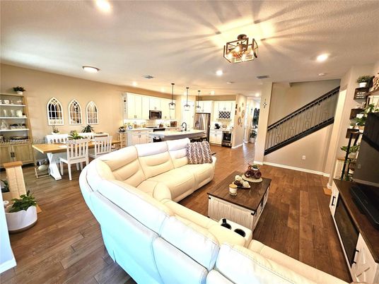 Dining room, Interior, Kitchen, Living room, Pendant Lights, Recessed Lighting, Stainless Steel Appliances, Wood Texture Flooring