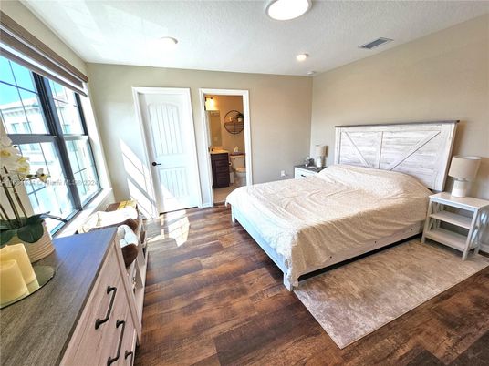 Bedroom, Interior, Recessed Lighting, Wood Texture Flooring