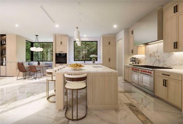 Dining room, Interior, Kitchen, Marble, Marble Walls, Pendant Lights, Recessed Lighting, Stainless Steel Appliances