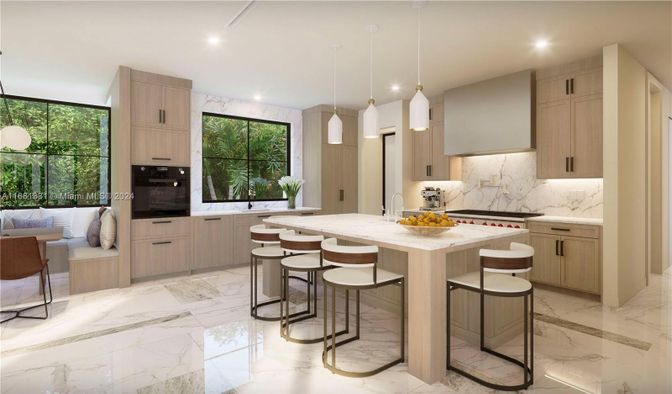 Interior, Kitchen, Marble, Marble Walls, Pendant Lights, Recessed Lighting
