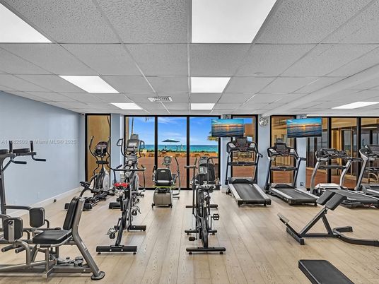 Fitness Equipment, Gym, Interior, Recessed Lighting, Wood Texture Flooring