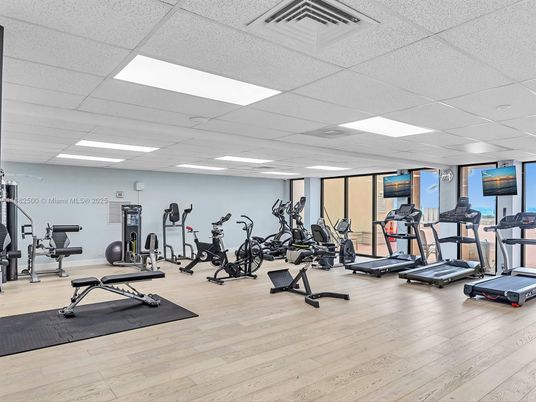 Fitness Equipment, Gym, Interior, Recessed Lighting, Wood Texture Flooring