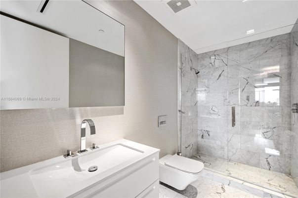 Bathroom, Glass Shower, Interior, Marble, Marble Walls, Recessed Lighting