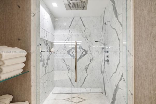 Bathroom, Glass Shower, Interior, Marble, Marble Walls, Recessed Lighting