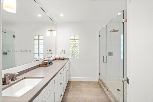 Bathroom, Dual Sink Vanities, Glass Shower, Interior, Recessed Lighting