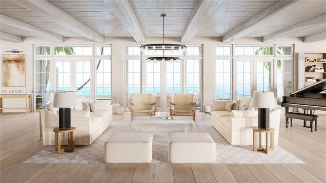 Interior, Living room, Pendant Lights, Piano, Water, Wooden Beams, Wooden Ceilings, Wood Texture Flooring
