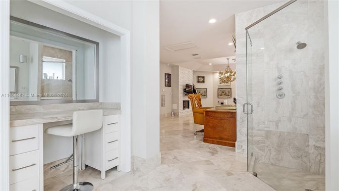 Bathroom, Chandelier, Glass Shower, Interior, Marble, Recessed Lighting