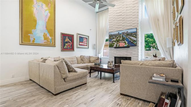 Fireplace, Interior, Living room, Stone Walls, Wood Texture Flooring