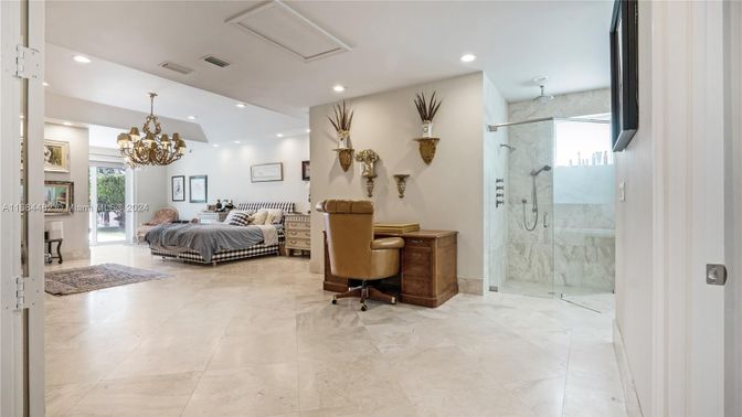 Bathroom, Bedroom, Chandelier, Glass Shower, Interior, Marble Walls, Recessed Lighting