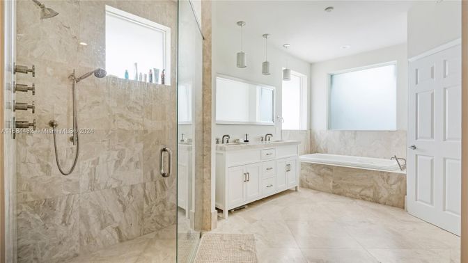Bathroom, Dual Sink Vanities, Glass Shower, Interior, Pendant Lights