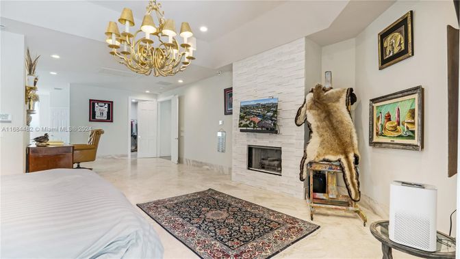 Chandelier, Fireplace, Interior, Recessed Lighting, Stone Walls