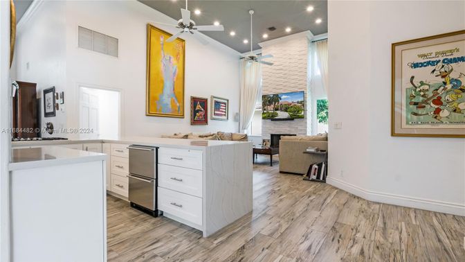 Fireplace, Interior, Kitchen, Living room, Pendant Lights, Recessed Lighting, Wood Texture Flooring