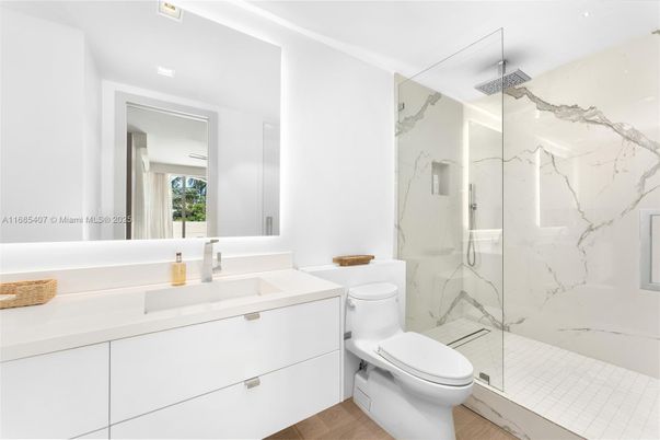 Bathroom, Glass Shower, Interior, Marble Walls, Wood Texture Flooring