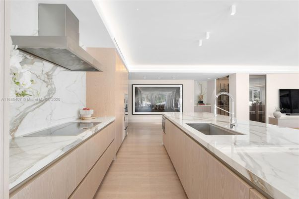 Interior, Kitchen, Marble Walls, Recessed Lighting, Wood Texture Flooring