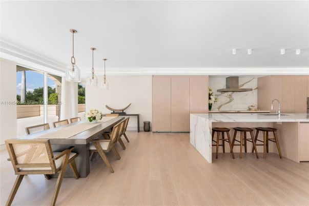 Dining room, Interior, Kitchen, Marble Walls, Pendant Lights, Wood Texture Flooring