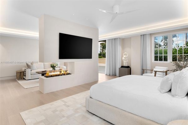 Bedroom, Fireplace, Interior, Recessed Lighting, Wood Texture Flooring