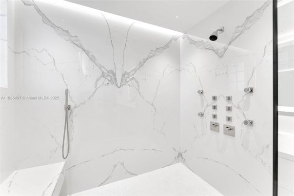 Bathroom, Glass Shower, Interior, Marble Walls, Recessed Lighting