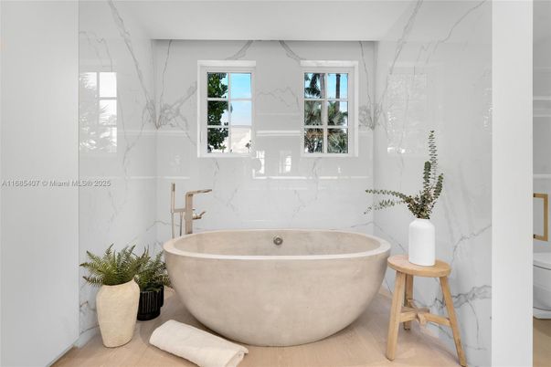 Bathroom, Free Standing Baths, Interior, Marble Walls, Wood Texture Flooring