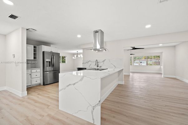 Interior, Kitchen, Pendant Lights, Recessed Lighting, Wood Texture Flooring