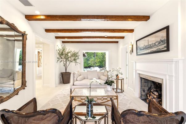 Fireplace, Interior, Living room, Recessed Lighting, Wooden Beams