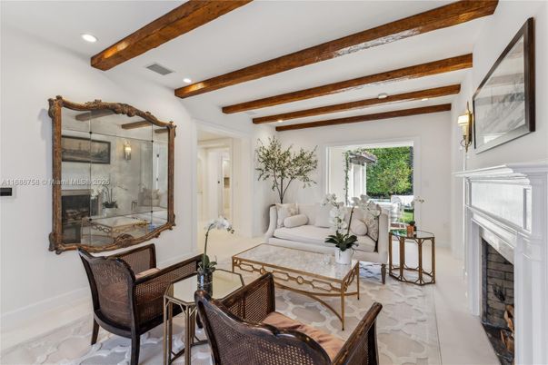 Fireplace, Interior, Living room, Recessed Lighting, Wooden Beams