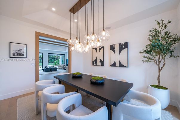 Dining room, Interior, Pendant Lights, Recessed Lighting, Wood Texture Flooring
