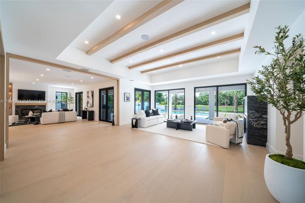 Fireplace, Interior, Living room, Recessed Lighting, Wooden Beams, Wood Texture Flooring