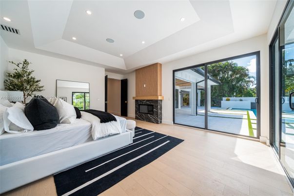 Bedroom, Fireplace, Interior, Recessed Lighting, Wood Texture Flooring