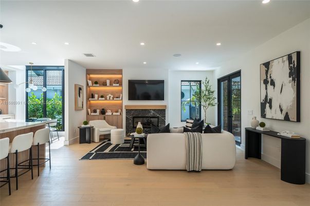 Fireplace, Interior, Living room, Recessed Lighting, Wood Texture Flooring