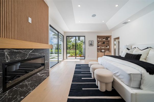 Bedroom, Fireplace, Interior, Marble Walls, Recessed Lighting, Wood Texture Flooring
