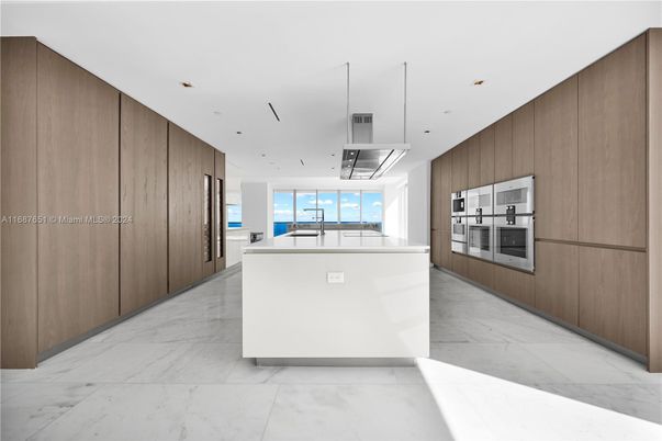Interior, Kitchen, Marble, Pendant Lights, Recessed Lighting, Stainless Steel Appliances