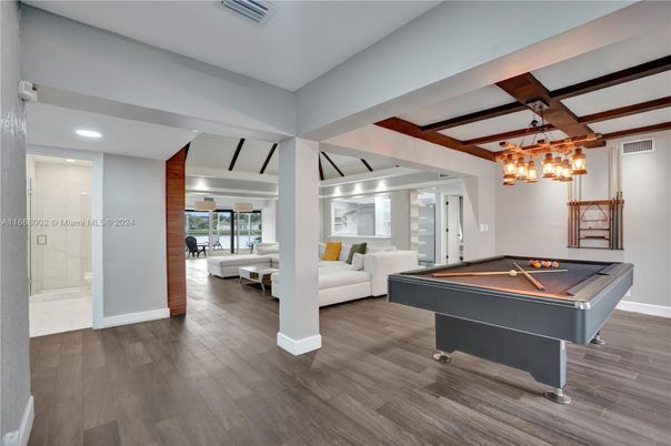 Billiard Table, Game Room, Interior, Living room, Pendant Lights, Recessed Lighting, Wooden Beams, Wood Texture Flooring