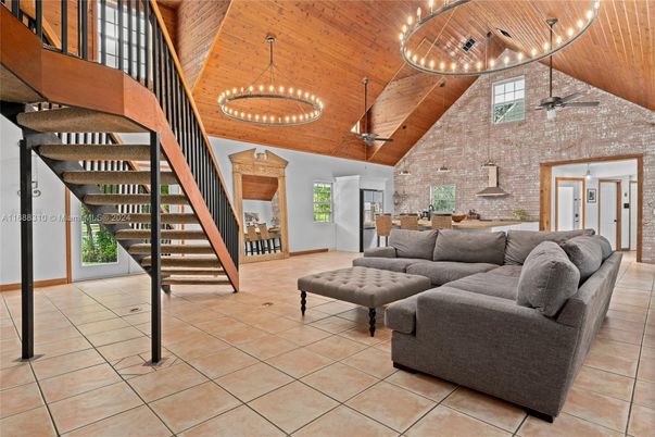 Chandelier, Interior, Living room, Pendant Lights, Stone Walls, Wooden Ceilings