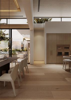 Dining room, Interior, Kitchen, Stainless Steel Appliances, Wood Texture Flooring
