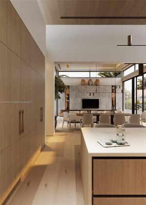 Dining room, Fireplace, Interior, Kitchen, Living room, Pendant Lights, Wood Texture Flooring