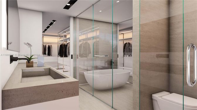 Bathroom, Free Standing Baths, Glass Shower, Interior, Recessed Lighting