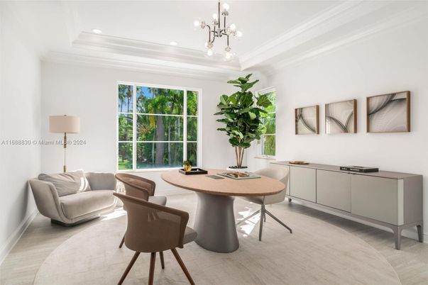 Dining room, Interior, Pendant Lights, Recessed Lighting, Wood Texture Flooring